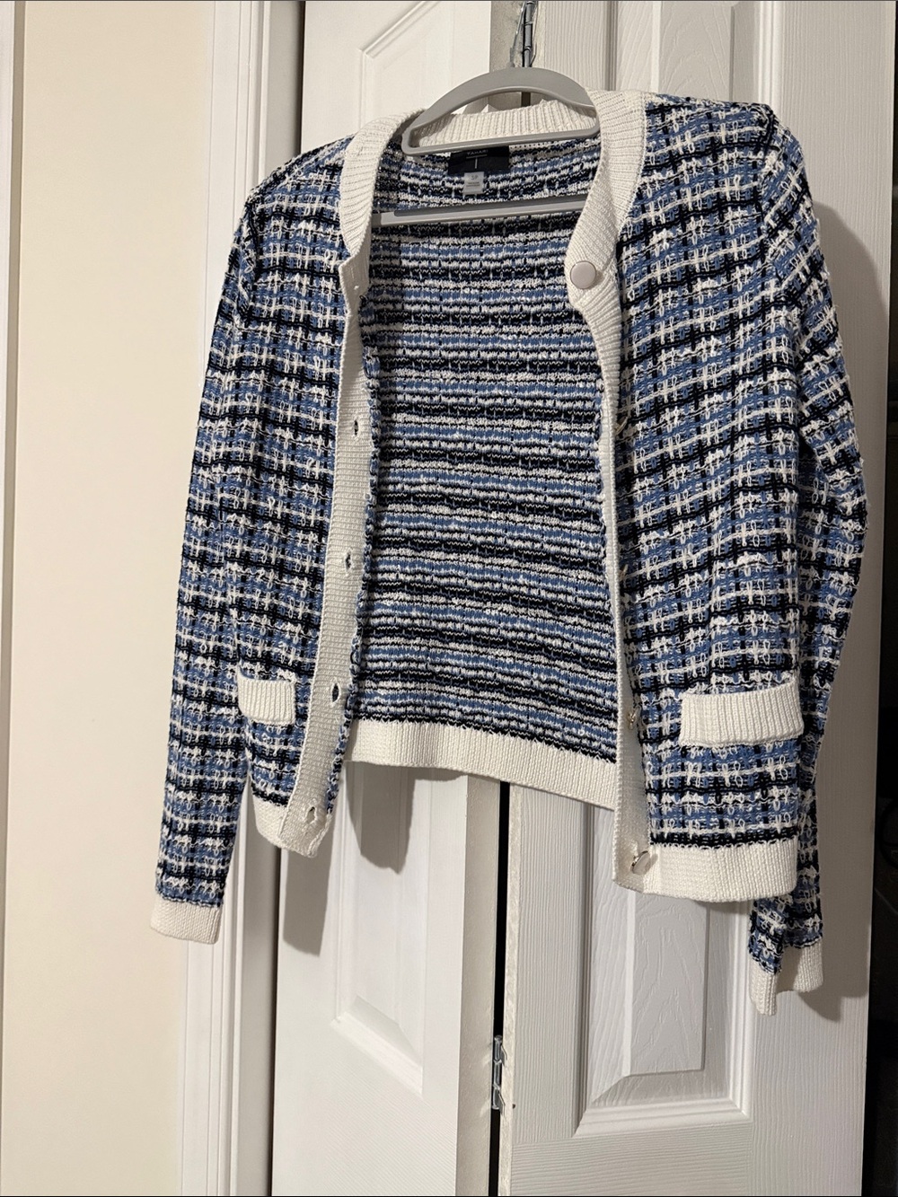 Tahari Blue, White & Black Striped Knit Cardigan
